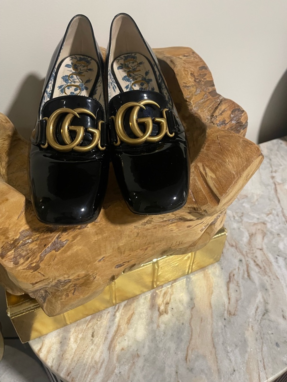 Authentic Gucci Black Patent Loafers with Gold Double G Hardware